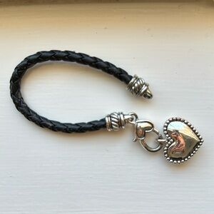 LEATHER BRAIDED BRACELET BLACK SILVER METAL HEART CHARM CLOSURE